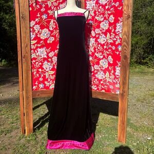 VTG 90s Whimsigoth Black Velvet Magenta Satin Rose Embroidered Maxi Dress Size L